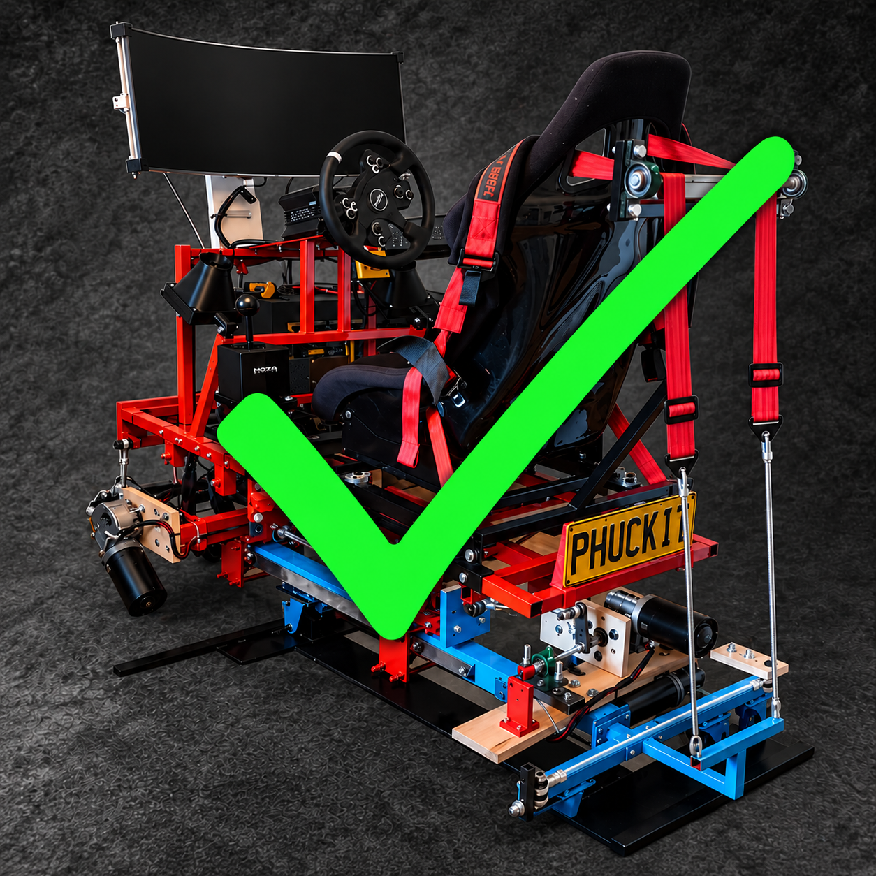 Martin’s red and blue motion simulator with a green tick