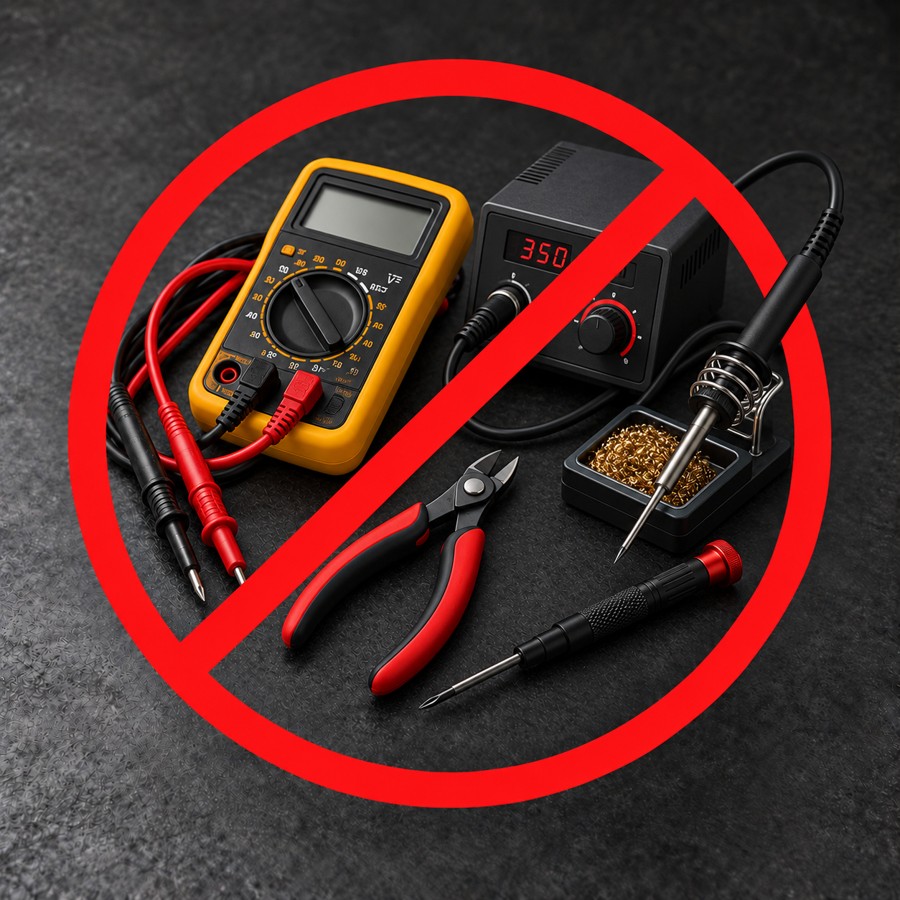 Electronics troubleshooting tools crossed out