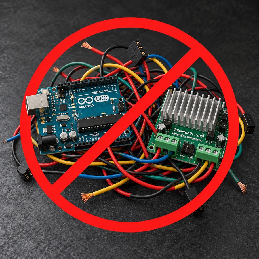 Tangled Arduino and Sabertooth wiring crossed out