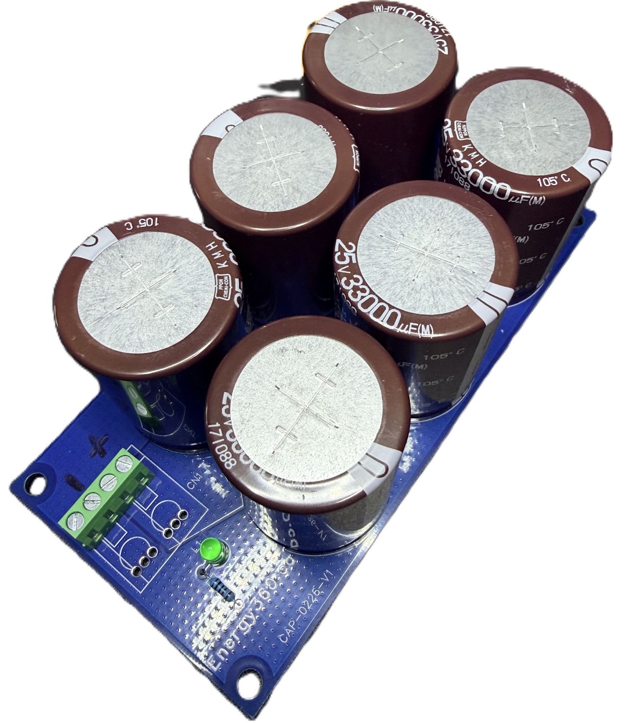 Energy360 six-capacitor bank
      with terminal block and charge indicator