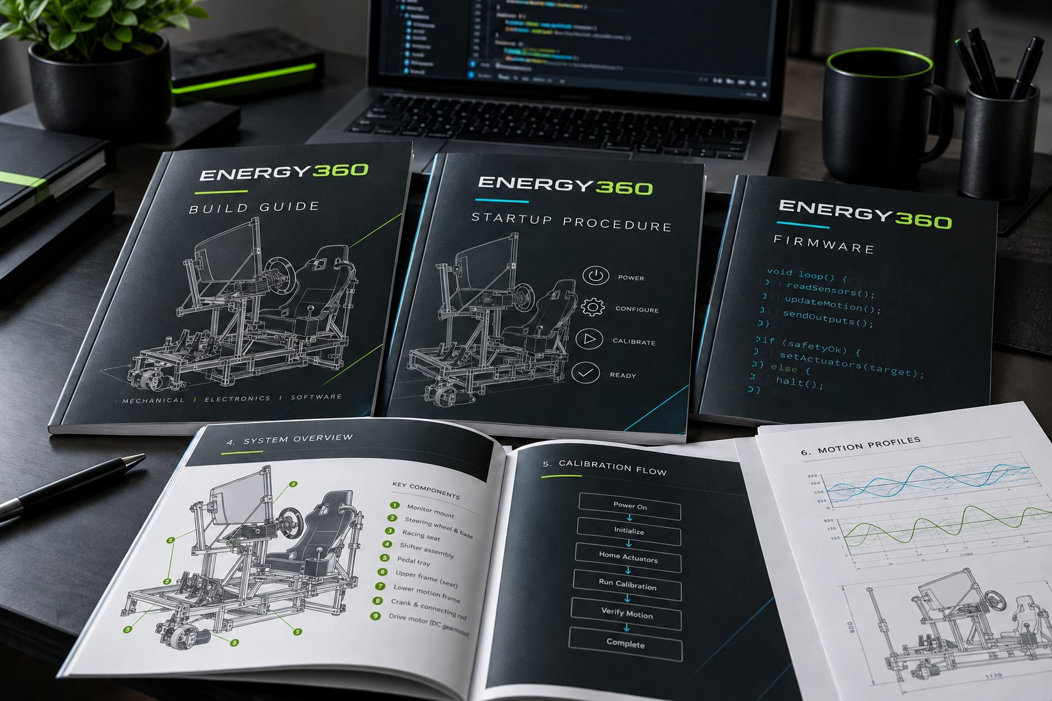 Energy360 build, startup, and firmware guides with drawings of the motion simulator
