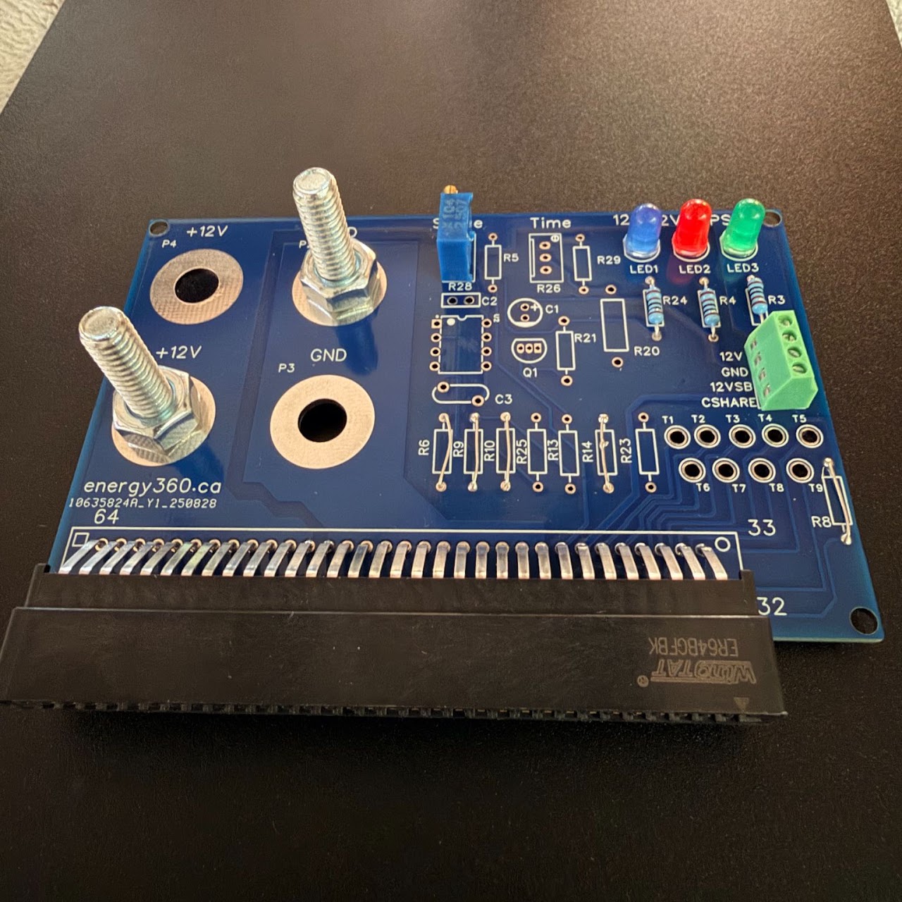 Energy360 board showing power posts, LEDs and edge connector